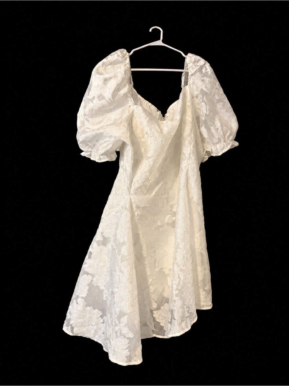 Showpo White Puff-Sleeve Floral Jacquard Midi Dress